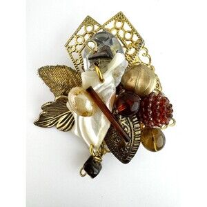 Vintage Assemblage Brooch Gold Tone Mixed Media Statement Pin 3” Artisan
